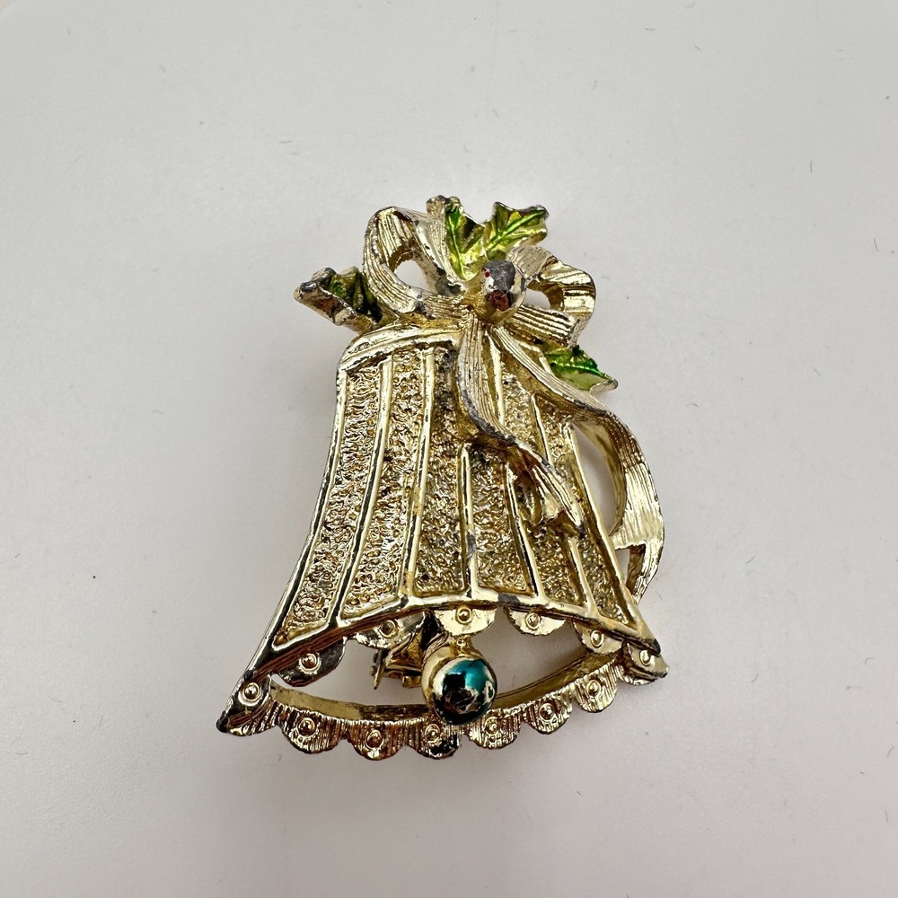 Vintage 80s 90s Christmas Bell Brooch Gold Tone Enamel Holly Bow Holiday Pin